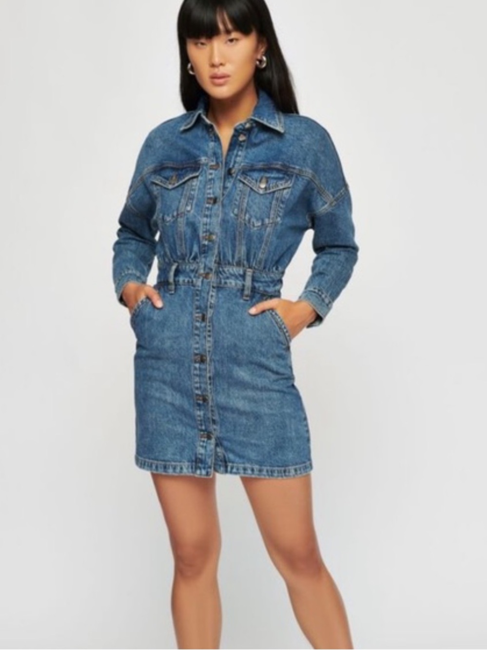 Dynamite Denim Long Sleeve Button Front Western Chic Organic Cotton Jean Dress